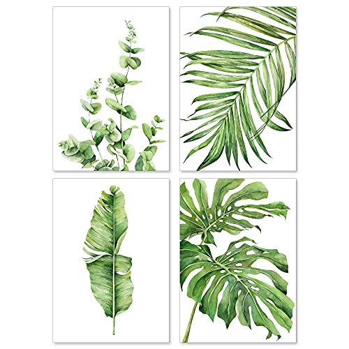 A&M Natural Living Botanische Drucke, 4 Stück botanische Kunstdrucke ungerahmt Aquarell grün botanische Poster Blattbilder Wandkunst, Heimdekoration Badezimmer Küche Wohnzimmer Blattdrucke (A3) von A&M Natural Living