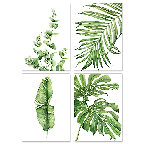 A&M Natural Living Botanische Drucke, Set von 4 botanischen Kunstdrucken, ungerahmt, A5, Aquarell, grün, Botanisches Poster, Blattbilder, Wandkunst, Heimdekoration, Wohnzimmer, Blatt-Drucke (A5) von A&M Natural Living