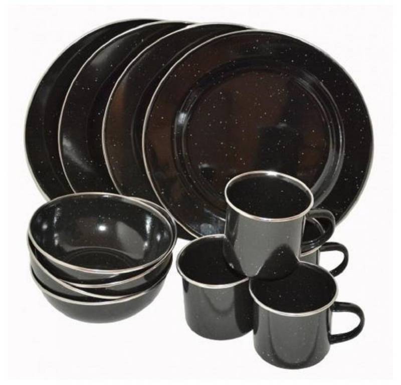 A. Blöchl Geschirr-Set Essgeschirr Emaille schwarz neu (12-tlg. / 4 Personen) (12-tlg), 4 Personen, emaillierter Stahl, ideal für Camping und Outdoor von A. Blöchl