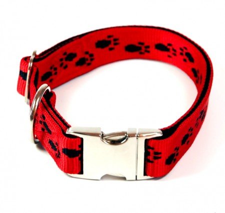 Hundehalsband, Alu-Max®, Soft Nylon, Rot, Schwarze Pfötchen, 30-50cm, 20mm, mit Zugentlastung von A. Hoffmann GmbH