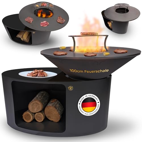 A. Weyck FireWeyck Outdoorküche Holz mit Stierkopf - Black Edition 2 | Feuerstelle & Grill für Garten und Terrasse - Hochwertiger Outdoor Grillkamin mit Grillplatte, Holzofen & Design-Stierkopf, 100cm von A. Weyck Tools