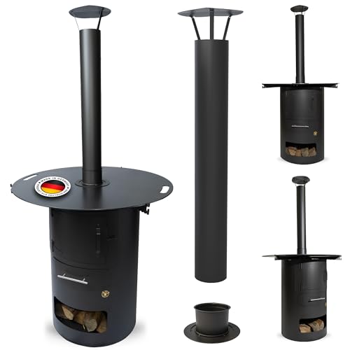 A. Weyck Tools Komplettset – Multifunktionstonne mit Schornstein/Kamin 100 x 6mm #3000 Feuerplatte mit Abstandshalter & Feuerkorb – Rauchfreier Kamin, Feuertonne & Grill – 6mm Stärk, 20cm Innenloch von A. Weyck Tools