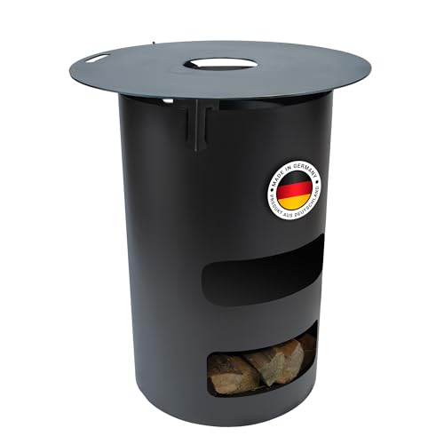 Komplettset – Multifunktionstonne mit Feuerplatte 80cm 5mm #175 – A. Wyeck Tools Feuerplatte mit Feuerkorb & Blende – Vielseitig für Grill, Feuertonne & Dutch Oven – 5mm Stärke, 20cm Innenloch von A. Weyck Tools