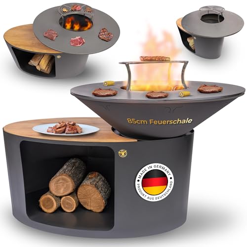 FireWeyck 1 Feuerstelle Grillring – Hochwertige Feuerschale mit Stierkopf – Feuerstelle mit Grillplatte – Raketenofen für Outdoor, Garten & Camping – Ø80cm mit Grillring & Aufsatz von A. Weyck Tools