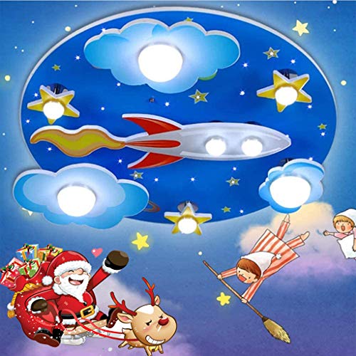 A.1.Coo Kinderzimmerlampe LED Deckenleuchte Universum Rakete Deckenlampe Holzhandwerk Glas Lampenschirm Jungen Und Mädchen Babyzimmer Cartoon Schlafzimmer Wohnzimmer Dekor Innen Kronleuchter von A.1.Coo