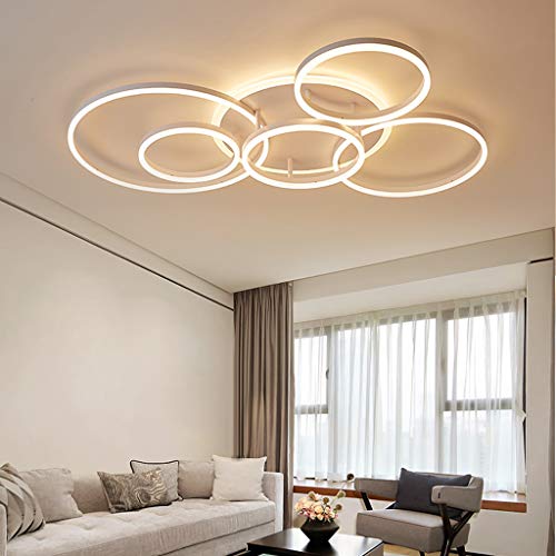 LED Deckenleuchte Dimmbar Wohnzimmerlampe Ring Metallrahmen Deckenlampe Fernbedienung Acryl Deckenbeleuchtung Innen Schlafzimmerlampe Kinderzimmer Esszimmer Lampe Küche Flur Pendelleuchte,Weiß,6 rings von A.1.Coo