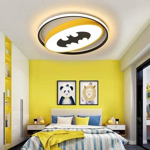 LED Deckenleuchte Kinderzimmerlampe Dimmbar Deckenlampe Batman Acryl Lampenschirm Junge Kinder Kreative Cartoon Deckenbeleuchtung Mit Fernbedienung Schlafzimmer Arbeitszimmer Hängelampe Gelb(40CM) von A.1.Coo