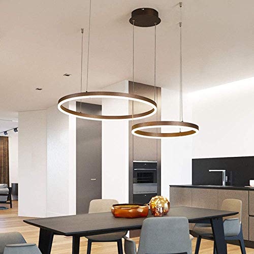 LED Pendelleuchte Esstischlampe Dimmba Metall ring Hängeleuchte Wohnzimmerlampe mit Fernbedienung Pendellamp Höhenverstellbar Kronleuchter Esszimmer Hängelampe Küchen Acryl Deckenleuchte,Braun,2 rings von A.1.Coo