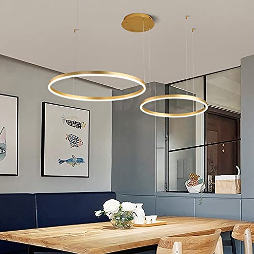 LED Pendelleuchte Esszimmer Metall ring Kronleuchter Höhenverstellbar Wohnzimmerlamp Dimmbar mit Fernbedienung Hängeleuchte Esstisch Pendellampe Acryl Deckenleuchte Hängelampe Küchen,Gold,2 rings von A.1.Coo