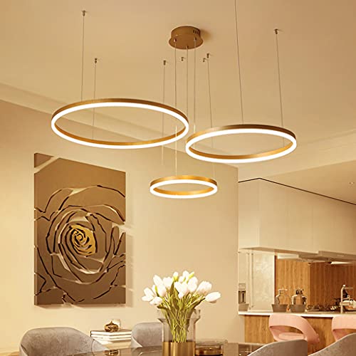 LED Pendelleuchte Wohnzimmerlamp Höhenverstellbar Kronleuchter Dimmbar mit Fernbedienung Hängeleuchte Esstisch Pendellampe Metall ring Acryl Deckenleuchte Esszimmer Hängelampe Küchen,Gold,3 rings von A.1.Coo