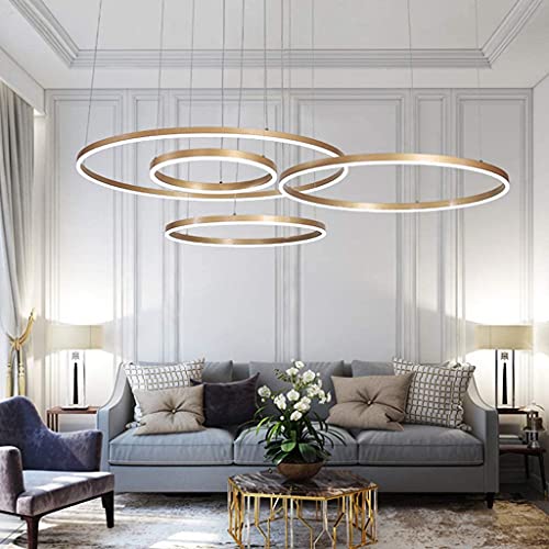 LED Pendelleuchte Wohnzimmerlamp Höhenverstellbar Kronleuchter Dimmbar mit Fernbedienung Hängeleuchte Esstisch Pendellampe Metall ring Acryl Deckenleuchte Esszimmer Hängelampe Küchen,Gold,4 rings von A.1.Coo