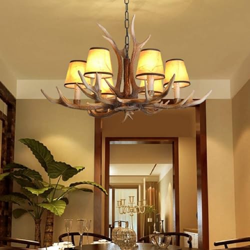 Retro Pendellampe E14 Pendelleuchte Esstischlamp Resin Geweihe Hängelampe Industriestil American Ländliche Kronleuchter Höhenverstellbarer Hängeleuchte Bar Wohnzimmer Cafe Küche Deckenleuchte(6 heads) von A.1.Coo
