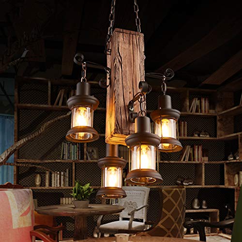 Vintage Pendelleuchte Retro Industrielle Restaurant Lichter Holz Und Metall Loft Bar Hängeleuchte Glaslampenschirm Pendellampe Höhenverstellbar E27 Hängelampe Esszimmer Wohnzimmer Café,4 heads von A.1.Coo