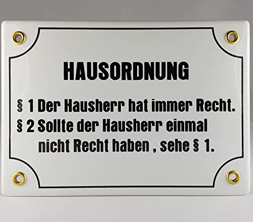 AGS Emaille Schild Handarbeit Nr.8 - Hausordnung §1 Der Hausherr hat Immer recht. §2 Sollte der Haushher einmal Nicht recht haben, Sehe §1 von AGS