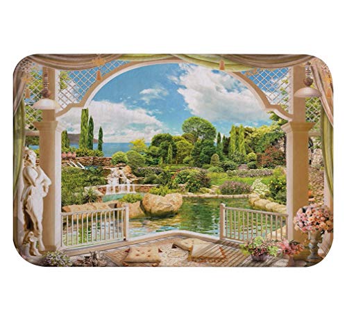 A.Monamour Badematten Badteppiche Badvorleger 3D Balkon Gartenansicht Blumen Bäume Skulptur Palast Im Freien Natur Landschaft Saugfähigen Flanell rutschfeste Bodenmatte Für Bad Küche 40X120 cm von A.Monamour