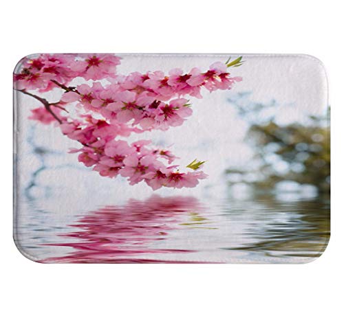 A.Monamour Badematten Badteppiche Badvorleger Frühling Rosa Kirschblüte Sakura Blumen Reflexionen Im Wasser Natur Landschaft Saugfähigen Flanell rutschfeste Bodenmatte Für Bad Küche 40x60cm von A.Monamour