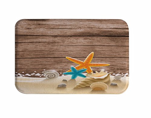A.Monamour Badematten Badteppiche Badvorleger Grunge Getragen Holzboden Kulisse Starfish Muschel Muschel Auf Sand Strand Nautisch Flanell Bad Teppiche Boden Matten Fußmatten Für Bad Duschzubehör von A.Monamour