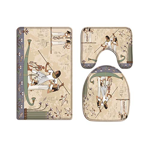 A.Monamour Badezimmer Badematte 3 Teilig Set Ägyptische Hieroglyphe Und Symbol des Alten Ägypten Banner Ägyptische Bootsszene Wandbilder Flanell Badteppiche Badvorleger Badgarnitur WC Vorleger von A.Monamour