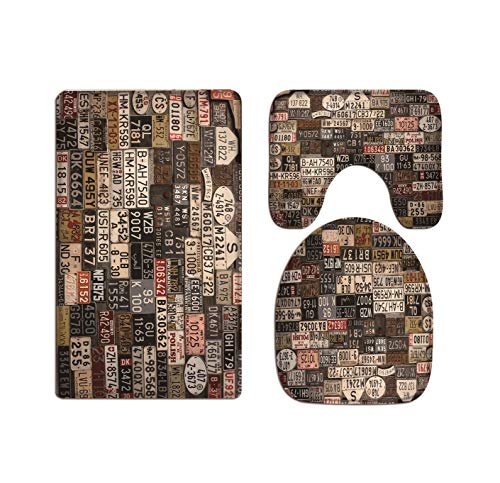 A.Monamour Badezimmer Badematte 3 Teilig Set Alt Oldtimer Nummernschilder An Der Wand Hintergrund Abstrakten Kunst Flanell Saugfähig Badteppiche Badvorleger Badgarnitur WC Vorleger von A.Monamour
