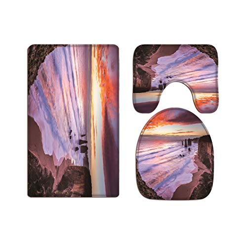 A.Monamour Badezimmer Badematte 3 Teilig Set Australien Große Ozean Landschaft Druck Wc Deckel Abdeckungen Bad Matte Flanell Saugfähig Badteppiche Badvorleger Badgarnitur WC Vorleger von A.Monamour