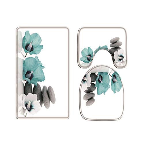A.Monamour Badezimmer Badematte 3 Teilig Set Blaue Orchidee Mit Haufen Kiesel Zen Spa Stein Natur Flanell WC Toilette Deckel Deckt Bad Matte Teppich Badteppiche Badvorleger Badgarnitur Vorleger von A.Monamour