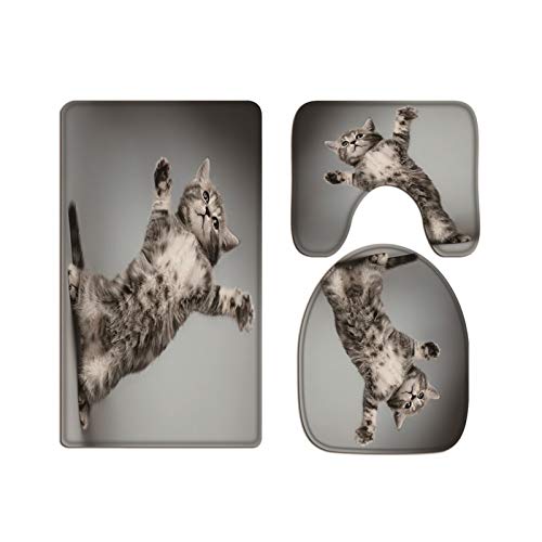 A.Monamour Badezimmer Badematte 3 Teilig Set Flauschige Graue Kätzchenkatze, Die Tierporträt Tanzt Flanell WC Toilette Deckel Deckt Bad Matte Teppich Badteppiche Badvorleger Badgarnitur Vorleger von A.Monamour