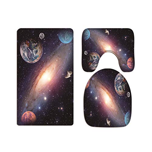 A.Monamour Badezimmer Badematte 3 Teilig Set Galaxie Planet Universum Weltraum Erde Mond Astronomie Flanell WC Toilette Deckel Deckt Bad Matte Teppich Badteppiche Badvorleger Badgarnitur Vorleger von A.Monamour