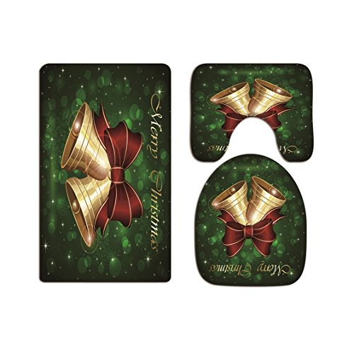 A.Monamour Badezimmer Badematte 3 Teilig Set Grün Starry Bokeh Multifunktionsleiste Bögen Glocken Grüße Kissen Pads Bad Matte Teppich Flanell Saugfähig Badteppiche Badvorleger Badgarnitur WC Vorleger von A.Monamour