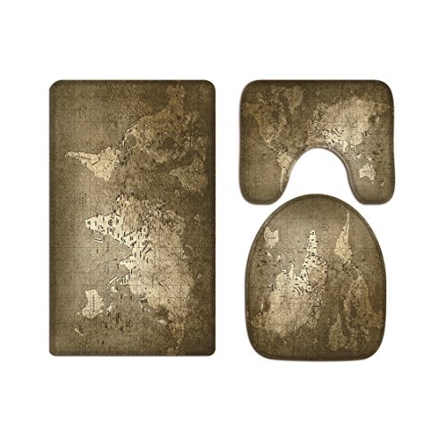 A.Monamour Badezimmer Badematte 3 Teilig Set Grunge Braun Weltkarte Pädagogische Geographische Neuheit Weiche Kissen Bad Matte Teppich Flanell Saugfähig Badteppiche Badvorleger Badgarnitur WC Vorleger von A.Monamour