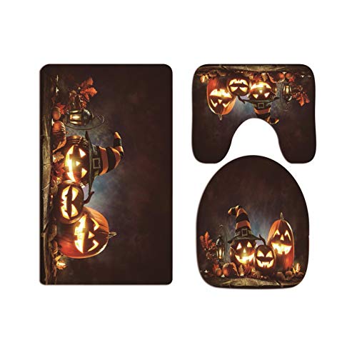A.Monamour Badezimmer Badematte 3 Teilig Set Halloween Kürbis Kerze Leuchtet Auf Grunge Holzbohlen Toilettendeckel Abdeckungen Flanell Saugfähig Badteppiche Badvorleger Badgarnitur WC Vorleger von A.Monamour