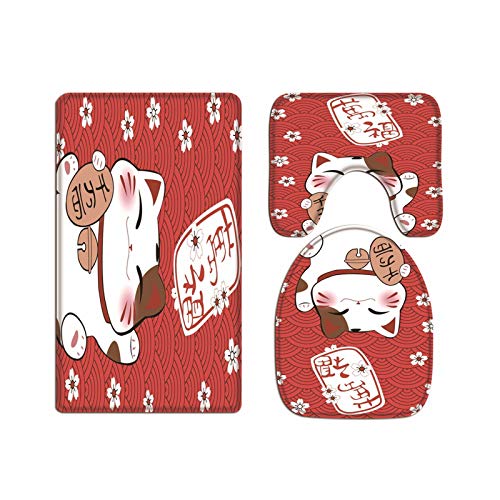 A.Monamour Badezimmer Badematte 3 Teilig Set Japanische Glückliche Katze Ozeanwellen Sakura Blumen Flanell WC Toilette Deckel Deckt Bad Matte Teppich Badteppiche Badvorleger Badgarnitur Vorleger von A.Monamour