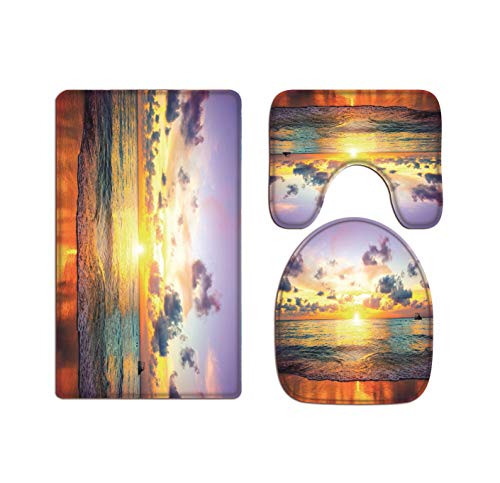A.Monamour Badezimmer Badematte 3 Teilig Set Karibik Insel Ozean Strand Sonnenuntergang Bunten Himmel Mit Wolken Bad Matte Teppich Flanell Saugfähig Badteppiche Badvorleger Badgarnitur WC Vorleger von A.Monamour
