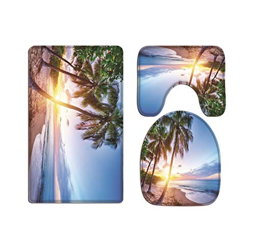 A.Monamour Badezimmer Badematte 3 Teilig Set Karibik Tropischen Sand Strand Sonnenuntergang Palme Blauer Himmel Bad Matte Teppich Flanell Saugfähig Badteppiche Badvorleger Badgarnitur WC Vorleger von A.Monamour