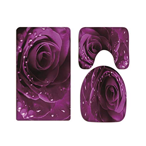 A.Monamour Badezimmer Badematte 3 Teilig Set Lila Rose Blume Blumen Hintergrund Kunst Dekor Flanell WC Toilette Deckel Deckt Bad Matte Teppich Badteppiche Badvorleger Badgarnitur Vorleger von A.Monamour
