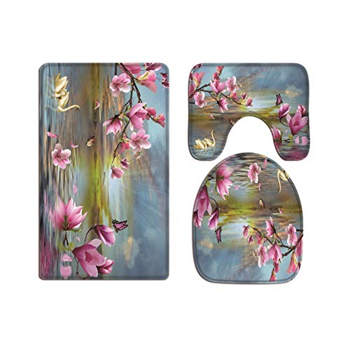 A.Monamour Badezimmer Badematte 3 Teilig Set Magnolienblume Schmetterling Schwan Reflexion In See Wasser Zen Natur Landschaft Flanell Saugfähig Badteppiche Badvorleger Badgarnitur WC Vorleger von A.Monamour