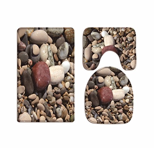A.Monamour Badezimmer Badematte 3 Teilig Set Meer Kiesel Steine ​​Steine ​​Am Strand Meer Kissen Pads Teppich Für Toilettenzubehör Flanell Saugfähig Badteppiche Badvorleger Badgarnitur WC Vorleger von A.Monamour