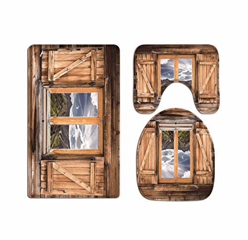 A.Monamour Badezimmer Badematte 3 Teilig Set Natur Berge Landschaft Landschaft Braun Holz Fenster Weich Bad Matte Teppich Flanell Saugfähig Badteppiche Badvorleger Badgarnitur WC Vorleger von A.Monamour