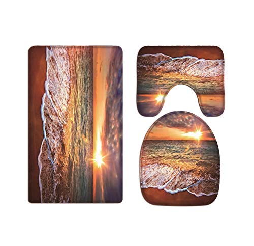 A.Monamour Badezimmer Badematte 3 Teilig Set Sand Strand Wellen Meer Sonnenaufgang Tropische Toilette Deckel Flanell Saugfähig Badteppiche Badvorleger Badgarnitur WC Vorleger von A.Monamour