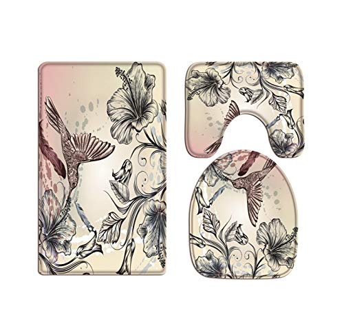 A.Monamour Badezimmer Badematte 3 Teilig Set Silhouette Der Kolibri Und Hibiskusblüten Vintage Blumenkunst Hintergründe Flanell Saugfähig Badteppiche Badvorleger Badgarnitur WC Vorleger von A.Monamour
