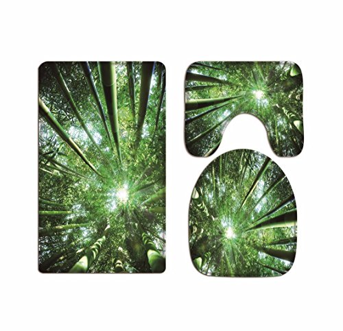 A.Monamour Badezimmer Badematte 3 Teilig Set Sonnenschein Durch Bambus Bäume Grün Wald Natur Landschaft Toilettendeckel Für Wc-Zubehör Flanell Saugfähig Badteppiche Badvorleger Badgarnitur WC Vorleger von A.Monamour