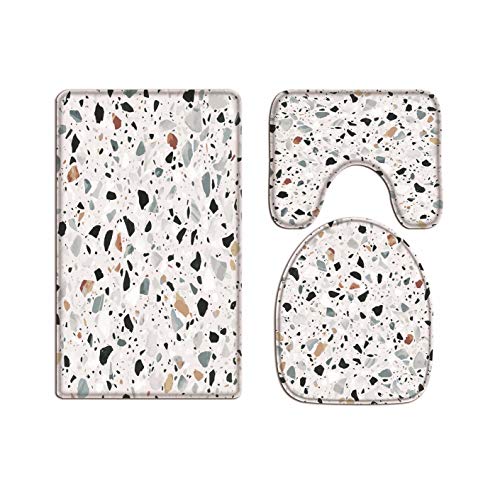 A.Monamour Badezimmer Badematte 3 Teilig Set Stein Terrazzo-Böden Textur Hintergründe Abstrakte Muster Kunst Dekore Flanell Saugfähig Badteppiche Badvorleger Badgarnitur WC Vorleger von A.Monamour