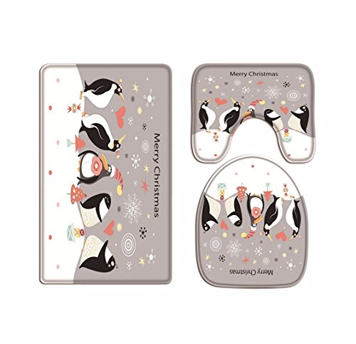 A.Monamour Badezimmer Badematte 3 Teilig Set Tier Pinguine Liebhaber Weiß Verschneite Welt Lustig Design Bad Matte Teppich Flanell Saugfähig Badteppiche Badvorleger Badgarnitur WC Vorleger von A.Monamour
