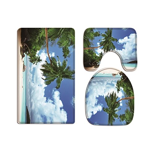 A.Monamour Badezimmer Badematte 3 Teilig Set Tropical Island Beach Seaside Palm Tree Wolken Toiletten Deckel Für Wc-Zubehör Flanell Saugfähig Badteppiche Badvorleger Badgarnitur WC Vorleger von A.Monamour