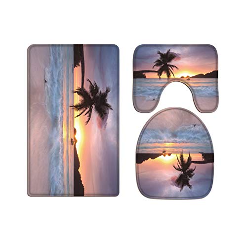 A.Monamour Badezimmer Badematte 3 Teilig Set Tropische Silhouette Palme Strand Bei Sonnenuntergang Buntem Himmel Natur Landschaft Bild Flanell Saugfähig Badteppiche Badvorleger Badgarnitur WC Vorleger von A.Monamour