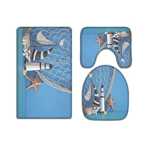 A.Monamour Badezimmer Badematte 3 Teilig Set Weißer Leuchtturm Segelboot Seestern Muscheln Fischernetz Blaue Hölzerne Nautische StrandFlanell Saugfähig Badteppiche Badvorleger Badgarnitur WC Vorleger A.Monamour Badezimmer Badematte 3 Teilig Set Weißer Leuchtturm Segelboot Seestern Muscheln Fischernetz Blaue Hölzerne Nautische StrandFlanell Saugfähig Badteppiche Badvorleger Badgarnitur WC Vorleger von A.Monamour