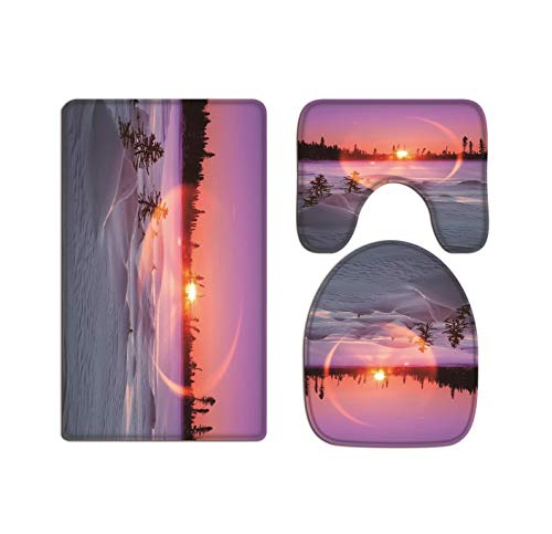 A.Monamour Badezimmer Badematte 3 Teilig Set Winter Sonnenuntergang Weißer Schnee Bergwald Natur Landschaft Bild Flanell Saugfähig Badteppiche Badvorleger Badgarnitur WC Vorleger von A.Monamour