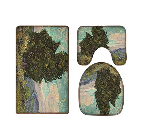 A.Monamour Badezimmer Badematte 3 Teilig Set Zypressen Durch Vincent Van Gogh Ölgemälde Kunstdekore Flanell Saugfähig Badteppiche Badvorleger Badgarnitur WC Vorleger von A.Monamour