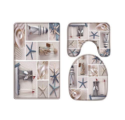 A.Monamour Badezimmer Badematte Set Collage Aus Seestern Muschel Leuchtturm Boot Flasche Perle Weißen Sandstrand Nautisch Teppich Flanell Saugfähig Badteppiche Badvorleger Badgarnitur WC Vorleger A.Monamour Badezimmer Badematte Set Collage Aus Seestern Muschel Leuchtturm Boot Flasche Perle Weißen Sandstrand Nautisch Teppich Flanell Saugfähig Badteppiche Badvorleger Badgarnitur WC Vorleger von A.Monamour