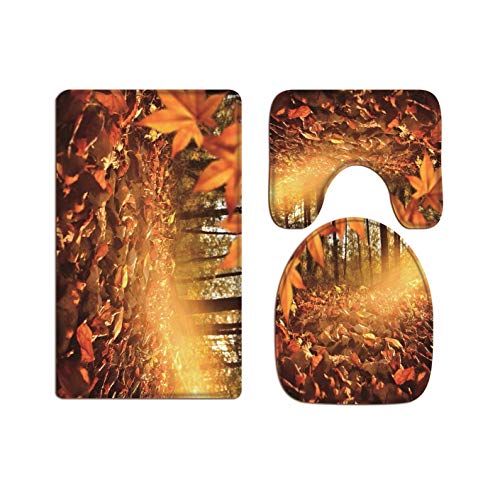 A.Monamour Badezimmer Badematte Set Strahlender Sonnenschein Durch Wald Bäume Herbst Golden Gefallene Ahornblätter Natur Landschaft Flanell Saugfähig Badteppiche Badvorleger Badgarnitur WC Vorleger von A.Monamour