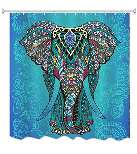 A.Monamour Blau Mandala Elefanten Kulisse Tribal Tattoo Muster Indischen Hippie Themed Wasserdicht Polyester Stoff Bad Duschvorhang Set Mit Haken 180X200 cm / 72 "X78 von A.Monamour